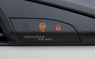 Car passenger airbags warning lights tag, modern car safety feature.