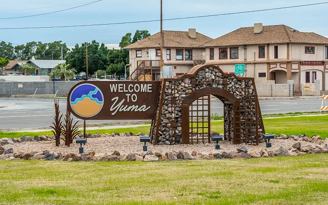 Yuma, AZ, USA - December 22, 2019: A welcoming signboard at the entry point of the city – Yuma, cheap car insurance in Arizona